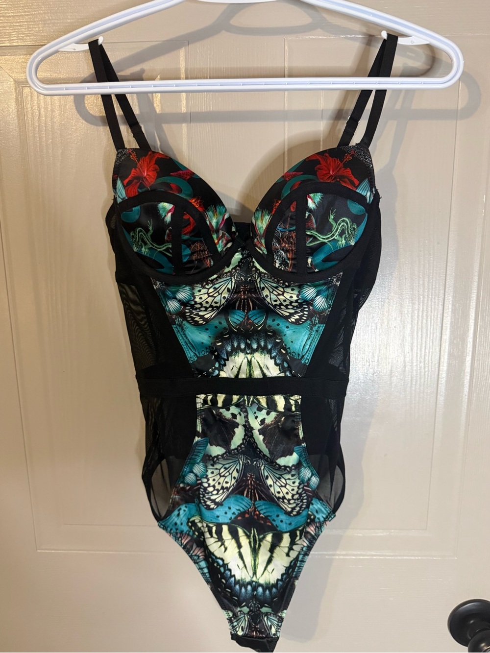 Thistle and Spire Black/Red/Teal Butterfly Print Bustier/Corset Bodysuit Size M